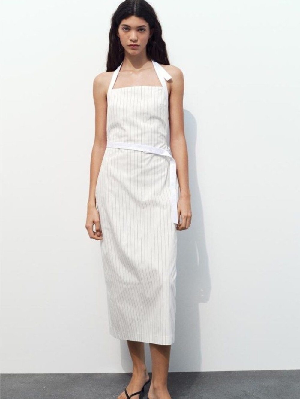 XS NWT GABARDINE PINSTRIPE HALTER MIDI WHITE RETRO LOOK OPEN BACK DRESS - Picture 4 of 5